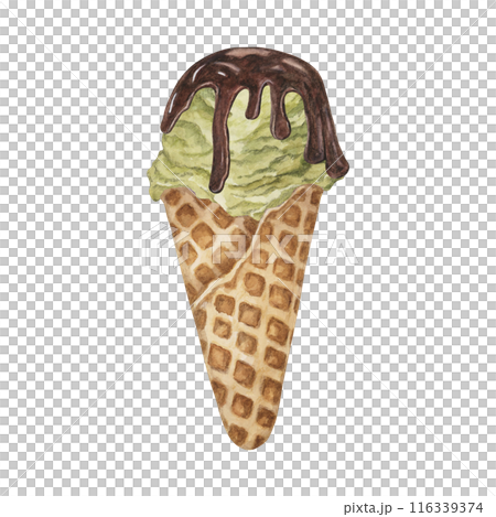 Pistachio, green tea, matcha, mint, avocado or lime ice cream scoop with chocolate sirup topping in waffle cone clipart. Dessert watercolor illustration for labels, menu, culinary design, summer fair Pistachio, green tea, matcha, mint, avocado or lime ice cream scoop with chocolate sirup topping in waffle cone clipart. Dessert watercolor illustration for labels, menu, culinary design, summer fair 116339374