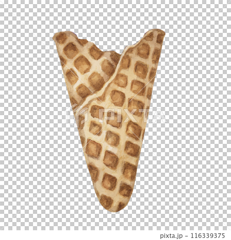 Crispy waffle cone. Isolated watercolor illustration of an edible ice cream wafer cup. Realistic hand drawn clipart for ice cream cafe, stand, menu, culinary design, summer fair, marketing material 116339375