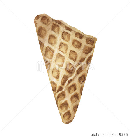 Crispy waffle cone. Isolated watercolor illustration of an edible ice cream wafer cup. Realistic hand drawn clipart for ice cream cafe, stand, menu, culinary design, summer fair, marketing material Crispy waffle cone. Isolated watercolor illustration of an edible ice cream wafer cup. Realistic hand drawn clipart for ice cream cafe, stand, menu, culinary design, summer fair, marketing material 116339376