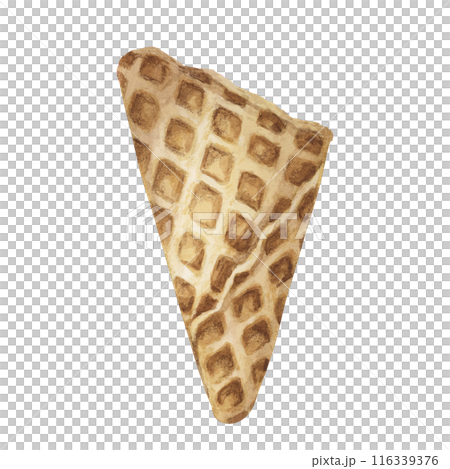 Crispy waffle cone. Isolated watercolor illustration of an edible ice cream wafer cup. Realistic hand drawn clipart for ice cream cafe, stand, menu, culinary design, summer fair, marketing material 116339376