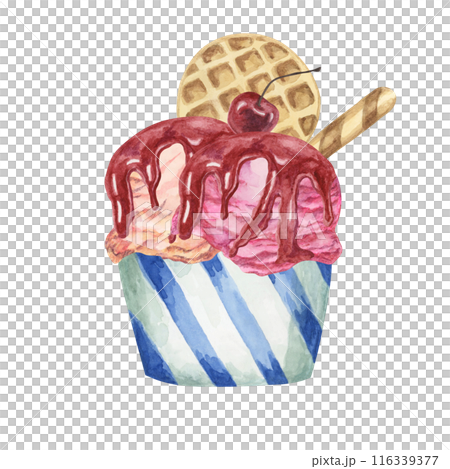Ice cream sundae in the striped paper cup with red berries sirup, waffles and maraschino cherries toppings. Dessert watercolor illustration for culinary designs, menu, summer fair. Hand drawn clipart Ice cream sundae in the striped paper cup with red berries sirup, waffles and maraschino cherries toppings. Dessert watercolor illustration for culinary designs, menu, summer fair. Hand drawn clipart 116339377
