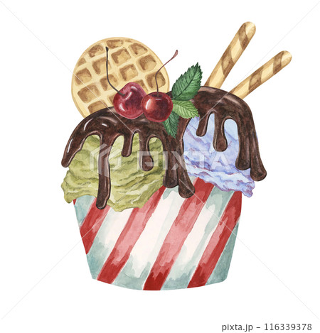 Ice cream sundae in the striped paper cup with chocolate sirup, waffles and maraschino cherries toppings. Dessert watercolor illustration for culinary designs, menu, summer fair. Hand drawn clipart Ice cream sundae in the striped paper cup with chocolate sirup, waffles and maraschino cherries toppings. Dessert watercolor illustration for culinary designs, menu, summer fair. Hand drawn clipart 116339378