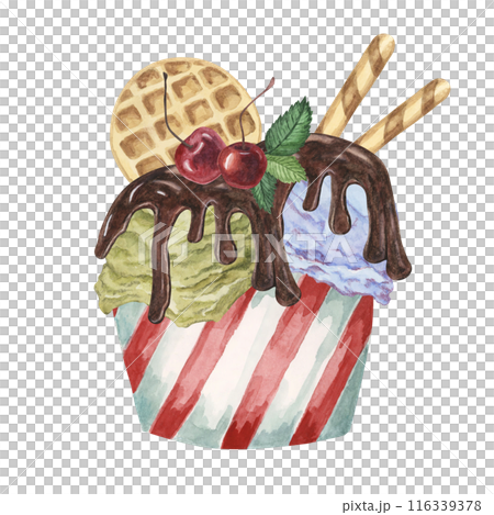 Ice cream sundae in the striped paper cup with chocolate sirup, waffles and maraschino cherries toppings. Dessert watercolor illustration for culinary designs, menu, summer fair. Hand drawn clipart 116339378