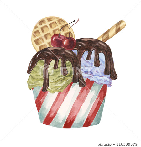 Ice cream sundae in the striped paper cup with chocolate sirup, waffles and maraschino cherries toppings. Dessert watercolor illustration for culinary designs, menu, summer fair. Hand drawn clipart Ice cream sundae in the striped paper cup with chocolate sirup, waffles and maraschino cherries toppings. Dessert watercolor illustration for culinary designs, menu, summer fair. Hand drawn clipart 116339379
