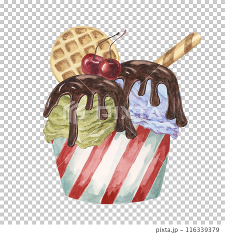 Ice cream sundae in the striped paper cup with chocolate sirup, waffles and maraschino cherries toppings. Dessert watercolor illustration for culinary designs, menu, summer fair. Hand drawn clipart 116339379
