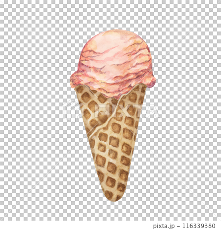 Pink strawberry, raspberry, sakura, lychee, rose or pink lemonade ice cream scoop in waffle cone clipart . Dessert watercolor illustration of cold treats for labels, menu, culinary design, summer fair Pink strawberry, raspberry, sakura, lychee, rose or pink lemonade ice cream scoop in waffle cone clipart . Dessert watercolor illustration of cold treats for labels, menu, culinary design, summer fair 116339380