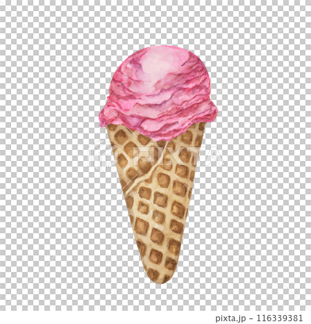 Raspberry, dragon fruit, bubblegum, pomegranate, cherry ice cream scoop in waffle cone clipart. Dessert realistic watercolor illustration of cold treats for labels, menu, culinary design, summer fair Raspberry, dragon fruit, bubblegum, pomegranate, cherry ice cream scoop in waffle cone clipart. Dessert realistic watercolor illustration of cold treats for labels, menu, culinary design, summer fair 116339381