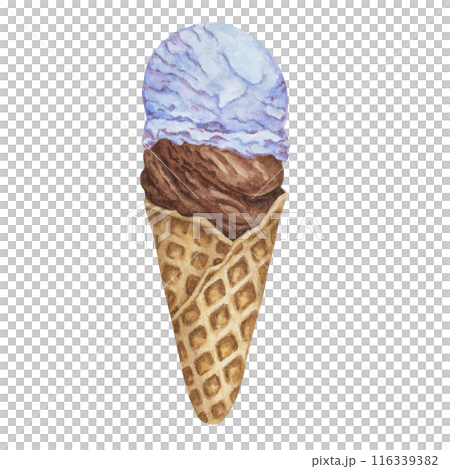 Bubble gum, blue moon, candy and chocolate flavor ice cream scoop in the waffle cone clipart . Dessert realistic watercolor illustration of cold treats for labels, menu, culinary design, summer fair Bubble gum, blue moon, candy and chocolate flavor ice cream scoop in the waffle cone clipart . Dessert realistic watercolor illustration of cold treats for labels, menu, culinary design, summer fair 116339382