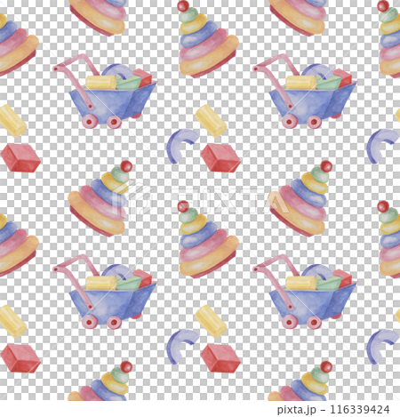 Toy wheelbarrow, stacking rings tower and blocks. Retro cart and puzzle. Simple Baby seamless pattern. Textile print for kids clothes, children's nursery wallpaper, wrapping paper, scrapbooking Toy wheelbarrow, stacking rings tower and blocks. Retro cart and puzzle. Simple Baby seamless pattern. Textile print for kids clothes, children's nursery wallpaper, wrapping paper, scrapbooking 116339424