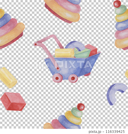 Toy wheelbarrow, stacking rings tower and blocks. Retro cart and puzzle. Simple Baby seamless pattern. Textile print for kids clothes, children's nursery wallpaper, wrapping paper, scrapbooking Toy wheelbarrow, stacking rings tower and blocks. Retro cart and puzzle. Simple Baby seamless pattern. Textile print for kids clothes, children's nursery wallpaper, wrapping paper, scrapbooking 116339425