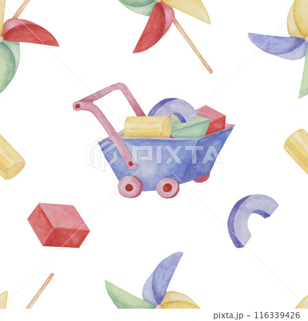 Toy wheelbarrow, pinwheel paper fan and blocks. Retro cart and origami. Simple Baby seamless pattern. Textile print for kids clothes, children's nursery wallpaper, wrapping paper, scrapbooking 116339426