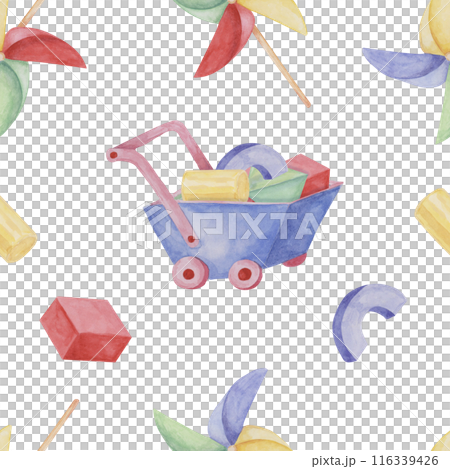 Toy wheelbarrow, pinwheel paper fan and blocks. Retro cart and origami. Simple Baby seamless pattern. Textile print for kids clothes, children's nursery wallpaper, wrapping paper, scrapbooking Toy wheelbarrow, pinwheel paper fan and blocks. Retro cart and origami. Simple Baby seamless pattern. Textile print for kids clothes, children's nursery wallpaper, wrapping paper, scrapbooking 116339426