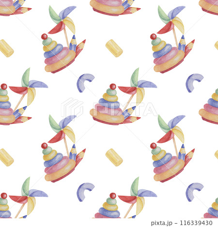 Stacking rings tower, pinwheel and crayons. Colored pencils and toys watercolor. Baby seamless pattern. Textile print for kids clothes, children's nursery wallpaper, wrapping paper, scrapbooking 116339430