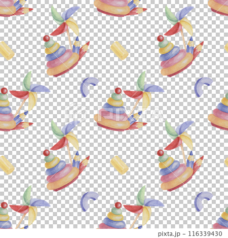 Stacking rings tower, pinwheel and crayons. Colored pencils and toys watercolor. Baby seamless pattern. Textile print for kids clothes, children's nursery wallpaper, wrapping paper, scrapbooking 116339430
