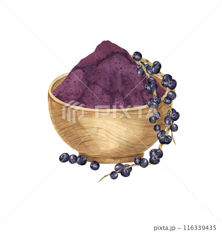 Acai berries superfood, powder in a wooden bowl and palm leaves. Exotic tropical berries clipart. Watercolor illustration for printing, packaging, cosmetics, granola, smoothie, supplements, labels Acai berries superfood, powder in a wooden bowl and palm leaves. Exotic tropical berries clipart. Watercolor illustration for printing, packaging, cosmetics, granola, smoothie, supplements, labels 116339435