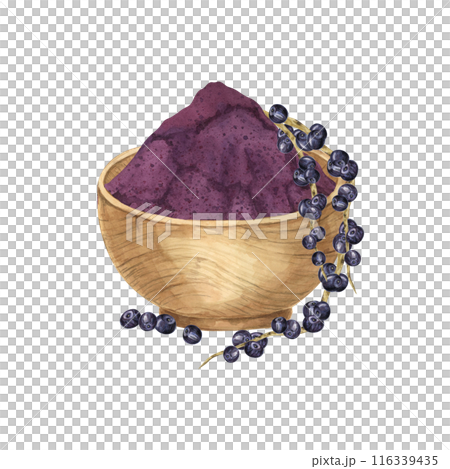 Acai berries superfood, powder in a wooden bowl and palm leaves. Exotic tropical berries clipart. Watercolor illustration for printing, packaging, cosmetics, granola, smoothie, supplements, labels 116339435