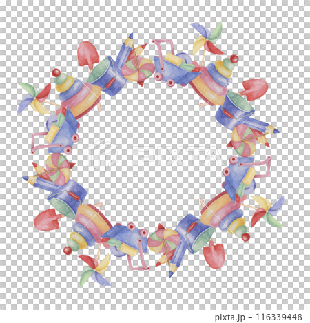 Toys round frame template, pinwheel, cart, bucket, shovel, pencils, stacking rings clipart. Watercolor play objects for birthday, gender reveal, baptism, birth announcement cards, playdate invitation Toys round frame template, pinwheel, cart, bucket, shovel, pencils, stacking rings clipart. Watercolor play objects for birthday, gender reveal, baptism, birth announcement cards, playdate invitation 116339448