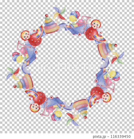 Toys round frame template, doll with pinwheel, humming top, balloons, blue cart and pencils. Watercolor play objects for birthday, gender reveal, baptism, birth announcement cards, playdate invitation 116339450