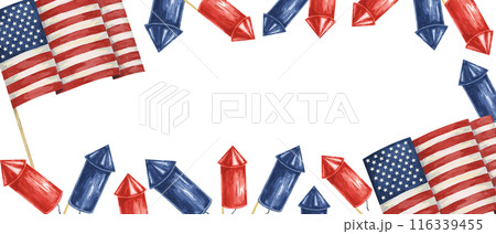 Fourth of July banner. USA flag, firecrackers and fireworks bursts. Independence day national holiday template. Hand drawn watercolor 4th of July clipart for web, voucher, banner, coupon, sale, store Fourth of July banner. USA flag, firecrackers and fireworks bursts. Independence day national holiday template. Hand drawn watercolor 4th of July clipart for web, voucher, banner, coupon, sale, store 116339455