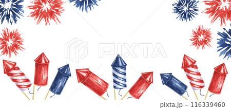 Fourth of July banner. Red, Blue firecrackers and fireworks bursts. Independence day national holiday template. Hand drawn watercolor 4th of July clipart for web, voucher, banner, coupon, sale, store Fourth of July banner. Red, Blue firecrackers and fireworks bursts. Independence day national holiday template. Hand drawn watercolor 4th of July clipart for web, voucher, banner, coupon, sale, store 116339460