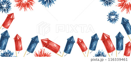Fourth of July banner. Red, Blue firecrackers and fireworks bursts. Independence day national holiday template. Hand drawn watercolor 4th of July clipart for web, voucher, banner, coupon, sale, store 116339461