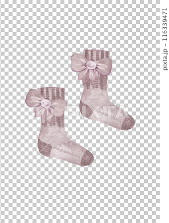 Stylish watercolor hand drawing. Beige socks with bows. Clothes for girls. Creative set 116339471