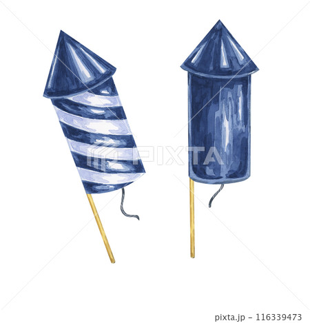 Blue firecrackers for Fourth of July, USA Independence day national holiday design elements. Festive Crackers patriotic Watercolor clipart for 4th of July greeting card, party invitation, banner 116339473