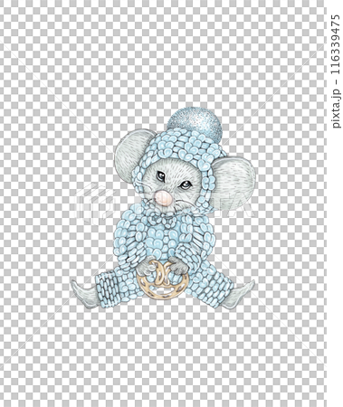 Cartoon mouse with a pretzel. Blue knitted jumpsuit. Illustration for kids. Christmas character wearing knitted clothing Cartoon mouse with a pretzel. Blue knitted jumpsuit. Illustration for kids. Christmas character wearing knitted clothing 116339475