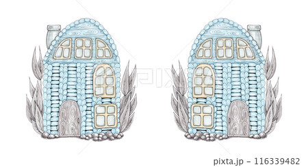 Cartoon gingerbread houses. Blue crocheted house with garden plants. Christmas season. Isolated christmas illustration for your designs Cartoon gingerbread houses. Blue crocheted house with garden plants. Christmas season. Isolated christmas illustration for your designs 116339482