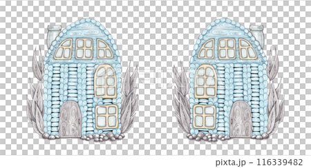 Cartoon gingerbread houses. Blue crocheted house with garden plants. Christmas season. Isolated christmas illustration for your designs Cartoon gingerbread houses. Blue crocheted house with garden plants. Christmas season. Isolated christmas illustration for your designs 116339482