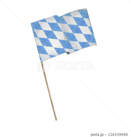Bavarian flag watercolor clipart. Hand drawn blue and white diamond shapes for Oktoberfest, beer labels, brewery , flyers, poster, banners. Element for party design, cultural event, beer festival Bavarian flag watercolor clipart. Hand drawn blue and white diamond shapes for Oktoberfest, beer labels, brewery , flyers, poster, banners. Element for party design, cultural event, beer festival 116339490