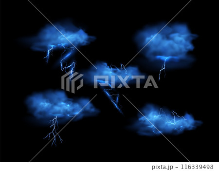 Magic vector illustration of thunder and smog on isolated black background. Magic vector illustration of thunder and smog on isolated black background. 116339498