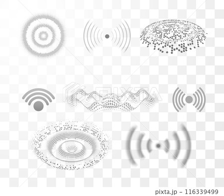 Wi-fi technology digital radar or sonar, sound ripple impact round effect vector set, grey concentric circle wave signal 116339499