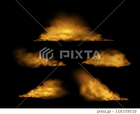 Orange ground smoke or fog cloud fog cloud scattering trail vector set, mist or smog, vapor gases, steam spray on black Orange ground smoke or fog cloud fog cloud scattering trail vector set, mist or smog, vapor gases, steam spray on black 116339510