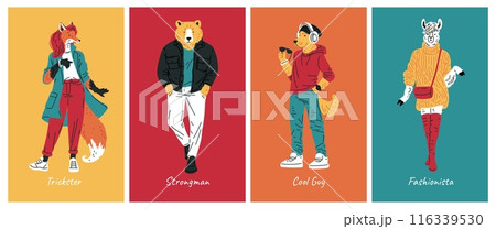 Fashionable animals in trendy outfits vector set 116339530
