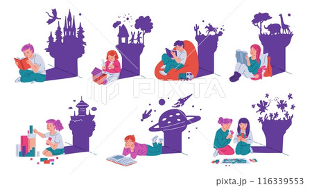 Cute children reading or playing with toys, kids imagines heroes of stories fairy tales vector cartoon illustrations set 116339553