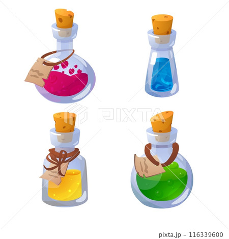Magic potion glass bottles vector set, different shapes and fillings flasks with label and corkwood plug, game assets 116339600