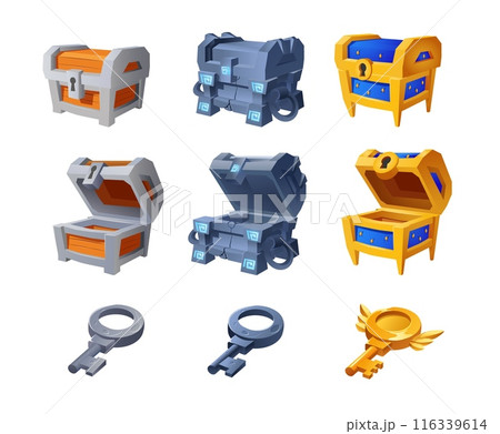 Treasure chest with keys set of assets for game 3d vector illustration isolated. 116339614