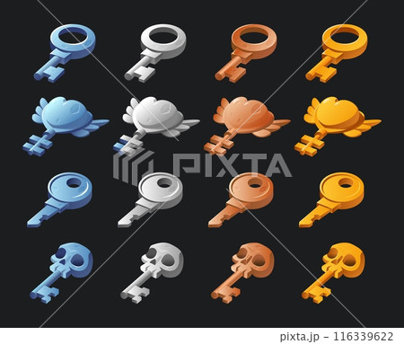 Game key different shapes and materials, fairy tale magic game ui element, password security secret interface vector set Game key different shapes and materials, fairy tale magic game ui element, password security secret interface vector set 116339622