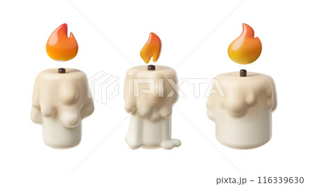Burning candle with dripping flowing wax 3D plastic style vector set, glowing paraffin candle with fire flame accessory 116339630