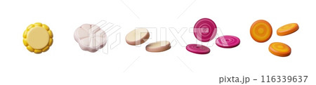 Sliced potato, beets, garlic, corn carrot 3D plastic vector icons set, glossy raw vegetable pieces, organic plant food 116339637