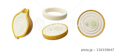Set of vector 3D illustrations of onions in various versions: whole, halves, sliced and rings 116339647