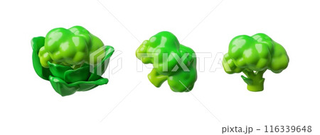 3d illustration set of broccoli cabbage with leaves and stem on a white background 116339648