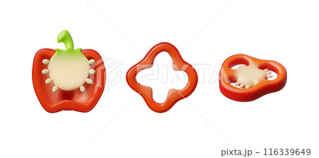 Vector 3d icon of ripe red bell peppers, sliced and halved, on a white background 116339649