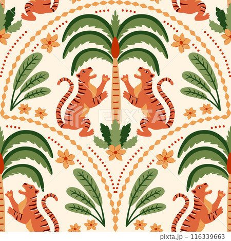 Tropical palm tree Asian tiger seamless pattern. Cute jungle damask ornament. Vector wild print for beach design 116339663