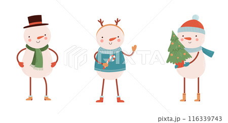 Funny snowmen set. Vector illustration of snowmen in various poses and costumes Funny snowmen set. Vector illustration of snowmen in various poses and costumes 116339743