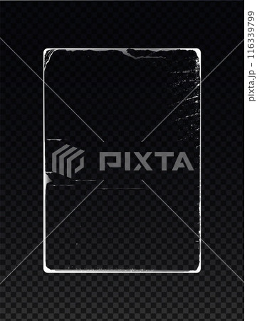 Old paper overlay cover, distressed edge frame, vector retro rectangular grunge border design, worn vintage texture 116339799