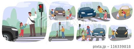 Vector Set Of Kids Learning Road Safety Rules While Crossing Street. Adults Are Guiding Kids To Ensure Safe Crossings 116339818