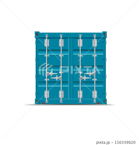 Cargo ship container vector mockup back view, blue transportation metal freight storage with closed doors lock latch 116339820