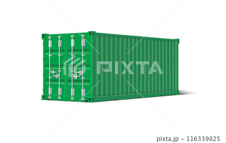 Cargo ship container vector mockup perspective view, green transportation freight storage with closed door lock latch Cargo ship container vector mockup perspective view, green transportation freight storage with closed door lock latch 116339825